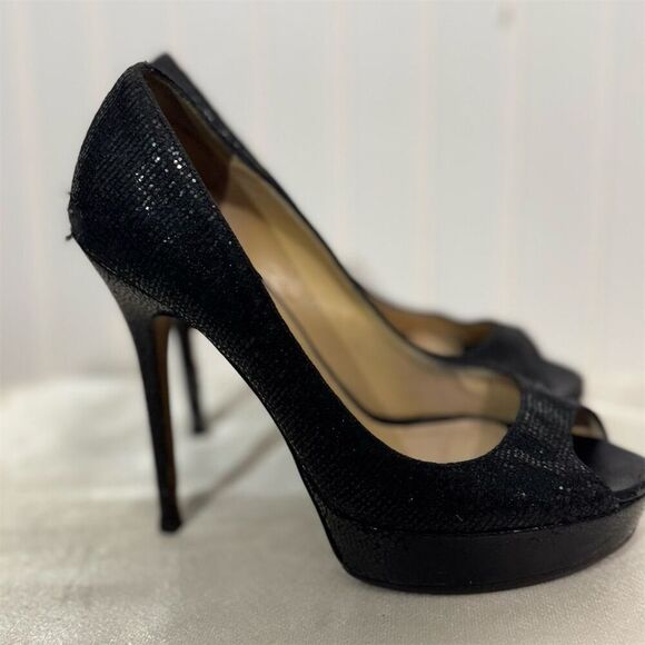Jimmy Choo Black Glitter Peep Toe Platform Pumps Size 7 US Heels Made in Italy - Picture 3 of 15
